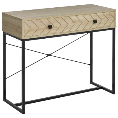 HOMCOM Mesa Consola 90x35x76cm Mesa de Entrada com 2 Gavetas de Armazenamento Decorativos e Estrutura de Metal para Entrada Corredor Sala de Estar Natural