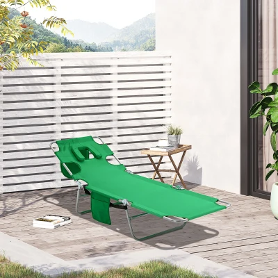Outsunny Foldable Sun Lounger with Reading Hole, Portable Sun Lounger with 5 Level Adjustable Backrest, Reclining Lounge Chair with Side Pocket, Headrest Pillow, Green