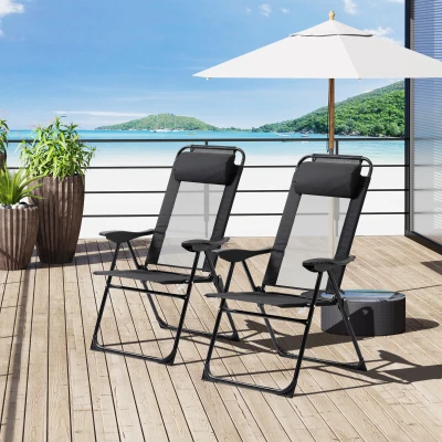 Outsunny Set of 2 Portable Folding Recliners Metal Outdoor Patio Chaise Lounge Chairs with Adjustable Backrest, Black