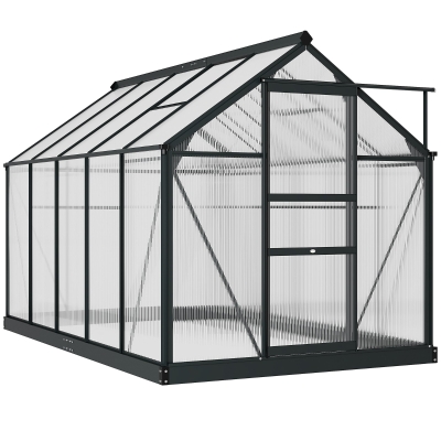 Outsunny 6 x 10ft Polycarbonate Greenhouse, Large Walk-In Green House with Slide Door and Window, Garden Plants Grow House with Aluminium Frame and Foundation, Grey
