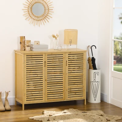 HOMCOM Sapateira de Entrada com 3 Portas de Persiana Prateleiras Ajustáveis para 16 Pares de Sapatos 100x35x80 cm Natural