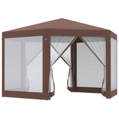 Outsunny Hexagonal Garden Gazebo - Patio Party Outdoor Canopy Tent Sun Shelter with Mosquito Netting and Zipped Door, Brown
