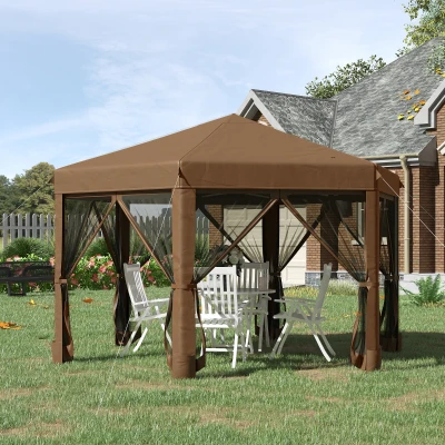 Outsunny 3.2m Pop Up Gazebo Hexagonal Canopy Tent for Outdoor Sun Protection - Includes Mesh Sidewalls and Handy Bag, Brown