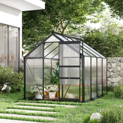 Outsunny 6 x 8ft Polycarbonate Greenhouse, Large Walk-In Green House with Slide Door and Window, Garden Plants Grow House with Aluminium Frame and Foundation, Grey