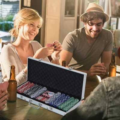 HOMCOM Valigetta poker 55.5cm x 22cm x 6.5cm Valigetta argenta, Carte e fiches multicolori