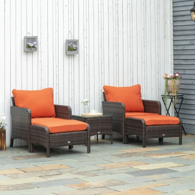 Outsunny 5 Pieces PE Rattan Garden Furniture Set - With 10cm Thick Padded Cushions, Wicker Weave Outdoor Seating Chairs Including 2 Armchairs, 2 Stools, and Glass Top Table, Brown