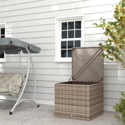 Outsunny Baú de Armazenamento de Vime Sintético 75x75x70 cm Baú de Exterior com Haste de Ar e Estrutura de Aço Carga 50 kg Cáqui
