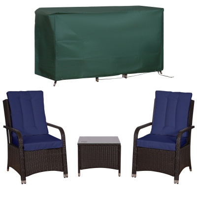 Outsunny 3 Pieces Rattan Bistro Set with Furniture Cover, Wicker Garden Furniture Set, Glass Top Coffee Table and Chairs with Cushions for Outdoor, Patio, Balcony, Dark Blue
