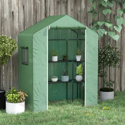 Outsunny Estufa de Jardim com 1 Porta 2 Janelas e Prateleiras de 2 Níveis em Forma de U para Cultivo de Plantas 140x73x190 cm Verde