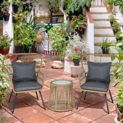 Outsunny 3 Piece Rattan Garden Furniture Set - Includes Cushions, Outdoor Conservatory Dining Set with 2 Chairs and Glass Coffee Table, Brown