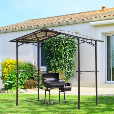 Outsunny 8ft x 5ft Outdoor BBQ Gazebo Tent with Protective Aluminium Steel Frame, 2 Shelves, Hardtop Roof, Canopy Ground Stakes for Safe Cooking