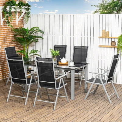 Outsunny 7 Piece Garden Dining Set - Outdoor Table and 6 Folding and Reclining Chairs with Aluminium Frame, Tempered Glass Top Table, Texteline Seats, Black