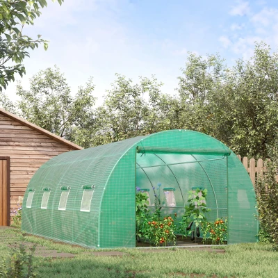 Outsunny Walk-in Polytunnel Greenhouse, Outdoor Garden Tunnel Greenhouse Tent with Zipped Roll-Up Door and 8 Mesh Windows, 6 x 3M