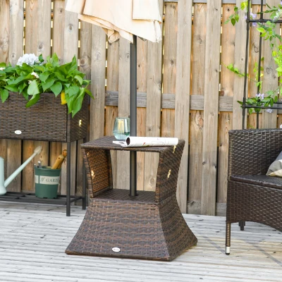 Outsunny Outdoor Patio Rattan Wicker Coffee Table Bistro Side Table with Umbrella Hole and Storage Space, Brown