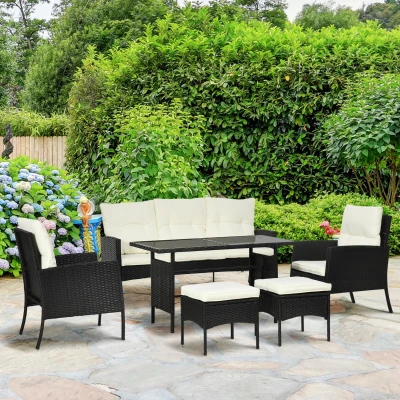 Outsunny 5 Seater Rattan Garden Furniture Set, 2 Armchairs, 3-seater Wicker Sofa, 2 Footstools and Glass Table, 6 Piece Patio Rattan furniture Sofa Sets with Cushions for Conservatory, White