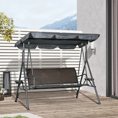 Outsunny 3 Seater Swing Chair - Garden Swing Seat Bench with Adjustable Canopy, Rattan Seat, and Steel Frame for Patio, Yard