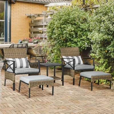 Outsunny 5 Piece PE Rattan Garden Furniture Set - Includes 2 Armchairs, 2 Stools, and Steel Tabletop with Wicker Shelf, Padded Outdoor Seating, Grey