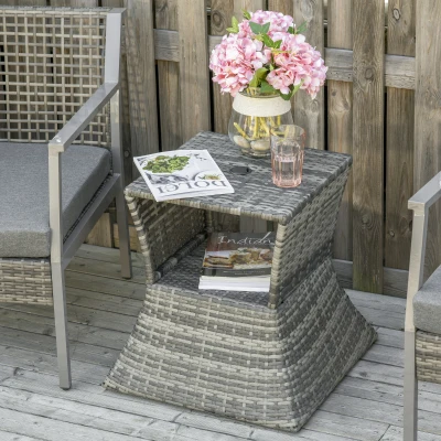 Outsunny Outdoor Patio Rattan Wicker Coffee Table Bistro Side Table with Umbrella Hole and Storage Space, Grey
