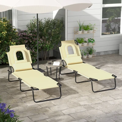 Outsunny Outdoor Foldable Sun Lounger Set of 2, 4 Level Adjustable Backrest Reclining Sun Lounger Chair with Pillow and Reading Hole, Beige