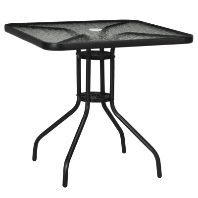 Outsunny Square Patio Table - Tempered Glass Top Bistro Table, Garden Dining Table, Outdoor Accent Coffee Table, 76 x 76cm, Steel Frame with Umbrella Hole