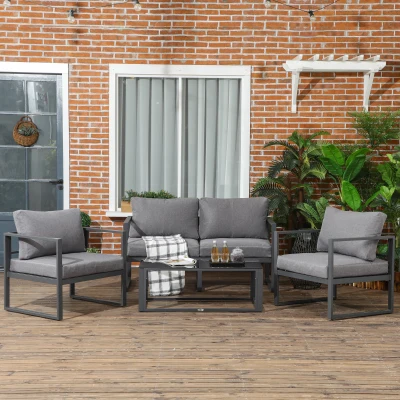 Outsunny 4 Pieces Garden Sofa Set, Including 2 Single Armchairs, 1 Bench & Side Table, Aluminium Frame Patio Furniture with Cushions, Grey