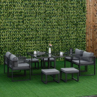 Outsunny 8 Seater Garden Dining Cube Set - Aluminium Outdoor Furniture Set Including Dining Table, 4 Chairs, and 4 Footstools with Cushions, Grey