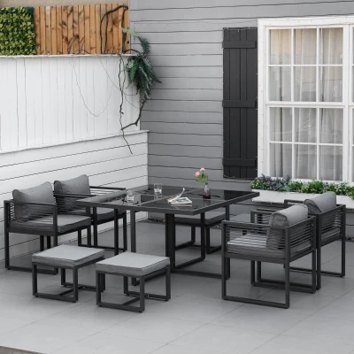 Outsunny 8 Seater Garden Dining Cube Set - Aluminium Outdoor Furniture Set Including Dining Table, 4 Chairs, and 4 Footstools with Cushions, Grey