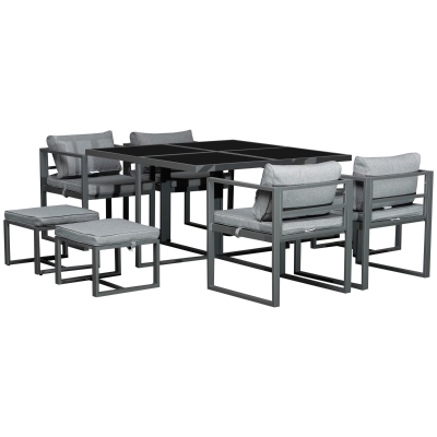 Outsunny 9PCs Patio Aluminium Dining Set - Space Saving Cube Set Including 4 Chairs, 4 Ottomans, Cushions, 8-Seater Garden Furniture