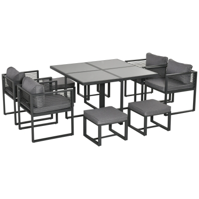 Outsunny 8 Seater Garden Dining Cube Set - Aluminium Outdoor Furniture Set Including Dining Table, 4 Chairs, and 4 Footstools with Cushions, Grey