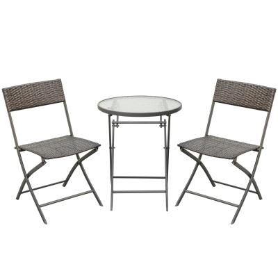 Outsunny Conjunto de Mesa e 2 Cadeiras Móveis Ratan para Jardim Dobrável Estrutura Aço - Castanho - 61x46x84cm