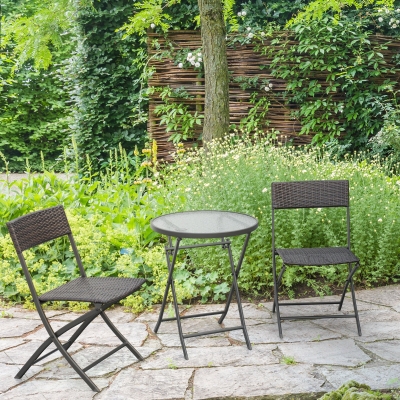 Outsunny Conjunto de Mesa e 2 Cadeiras Móveis Ratan para Jardim Dobrável Estrutura Aço - Castanho - 61x46x84cm