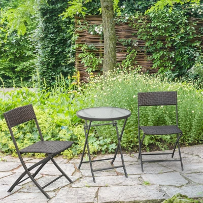 Outsunny Conjunto de Mesa e 2 Cadeiras Móveis Ratan para Jardim Dobrável Estrutura Aço - Castanho - 61x46x84cm