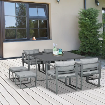 Outsunny 9PCs Patio Aluminium Dining Set - Space Saving Cube Set Including 4 Chairs, 4 Ottomans, Cushions, 8-Seater Garden Furniture