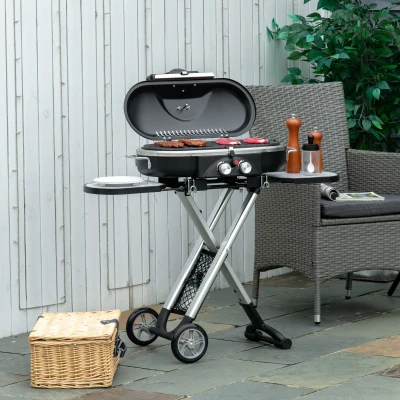 Outsunny Barbecue a Gás Dobrável com 2 Queimadores 2,34 KW 2 Rodas 2 Grelhas Metálicas e 2 Mesas Laterais 100x41,6x82,5 cm Preto