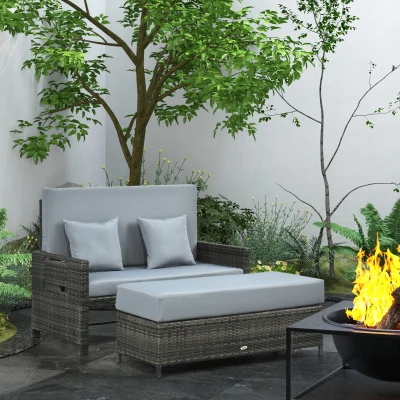 Outsunny Sofa ogrodowa z technorattanu, zestaw 2-osobowy, leżak ogrodowy, podnóżek, kolor szary