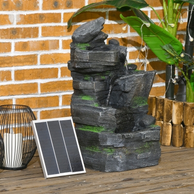 Outsunny Oczko wodne ogrodowe, w formie kamienia, 4-stopniowe, zasilane energią słoneczną, diody LED, 57cm wysokość, Żywica syntetyczna, Szary/Ciemnobrązowy