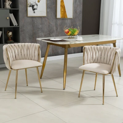Ensemble de 2 Chaises de Salle à Manger en Velours avec Pieds en Métal Fer, Ivoire