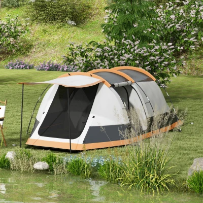 Outsunny Tenda de Campismo Familiar para 3-4 Pessoas com 2 Quartos e Bolsa de Transporte Impermeável 370x220x130 cm Laranja e Cinza