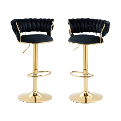 Set di 2 Sgabelli da Bar Girevoli 360° in Velluto con Altezza Regolabile, Nero