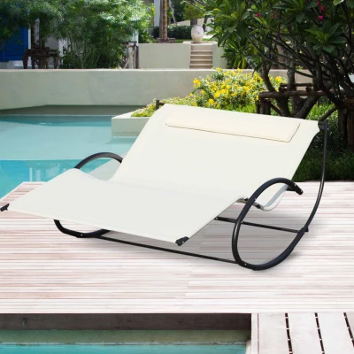 Outsunny Double Sun Lounger - Rocking Sunbed Daybed with Armrest and Headrest Pillow for Two, for Outdoor Patio Garden, Cream White
