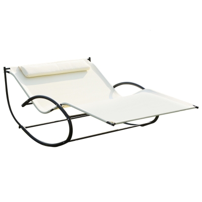 Outsunny Double Sun Lounger - Rocking Sunbed Daybed with Armrest and Headrest Pillow for Two, for Outdoor Patio Garden, Cream White