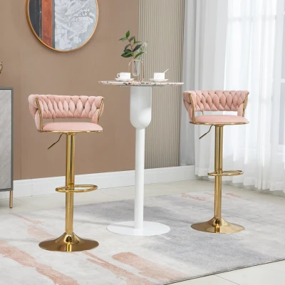 Kiztir Set 4 Sgabelli Da Bar In Velluto Beige E Oro, Regolabili In Altezza Con Schienale E Poggiapiedi, Girevoli 360° Per Isola Cucina - 4
