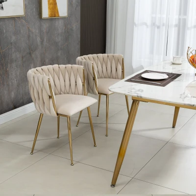 Set di 2 Poltrone da Pranzo in Velluto con Piedi in Metallo Ferro, Colore Avorio