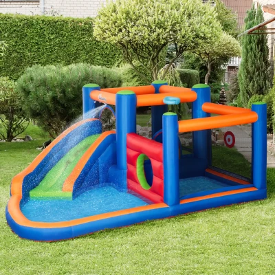 Outsunny Zamek Bawialnia z Zjeżdżalnią, Strefą do Skakania, Basenem, nadmuchiwany, z Elektropompą na 3 Dzieci, 380 x 340 x 170 cm