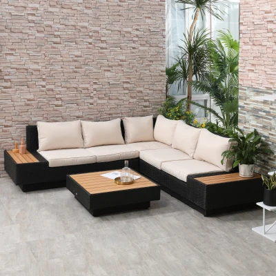 Outsunny 4 PCs Rattan Garden Furniture - Outdoor Sectional Corner Sofa and Coffee Table Set, Conservatory Wicker Weave Furniture with Armrest and Cushions, Black