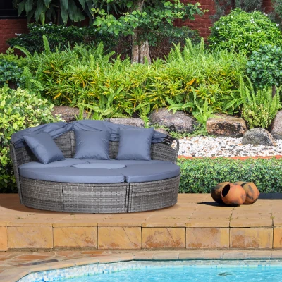 Outsunny PE Rattan Lounge Set - 5 Piece Patio Conversation Furniture Set, Garden Round Sofa Bed with Cushion and Retractable Canopy, Grey
