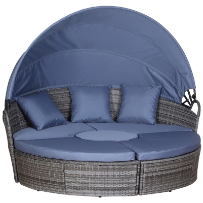 Outsunny PE Rattan Lounge Set - 5 Piece Patio Conversation Furniture Set, Garden Round Sofa Bed with Cushion and Retractable Canopy, Grey/Blue Grey