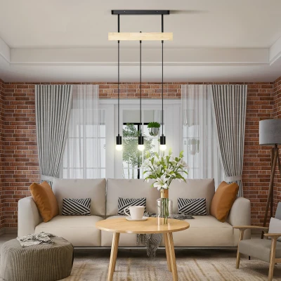 HOMCOM Lampa wisząca, lampa wisząca, 3-punktowa, regulowana wysokość, design przemysłowy, metal+drewno, czarny