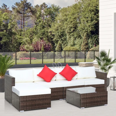 Outsunny 6 Pieces Outdoor Rattan Corner Sofa Set - Patio Aluminium Frame with All-Weather Wicker Conversation Furniture, Coffee Table & Cushions, Cream White