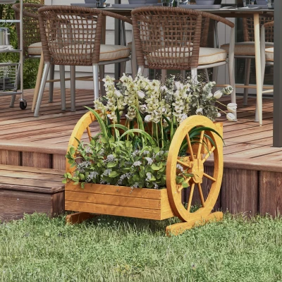 Outsunny Houten Plantenbak met 3 Lagen en Wagenwieldecoratie - 62 x 61 x 57 cm